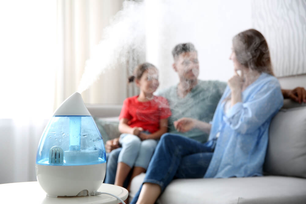 small humidifier in front of family in a living room